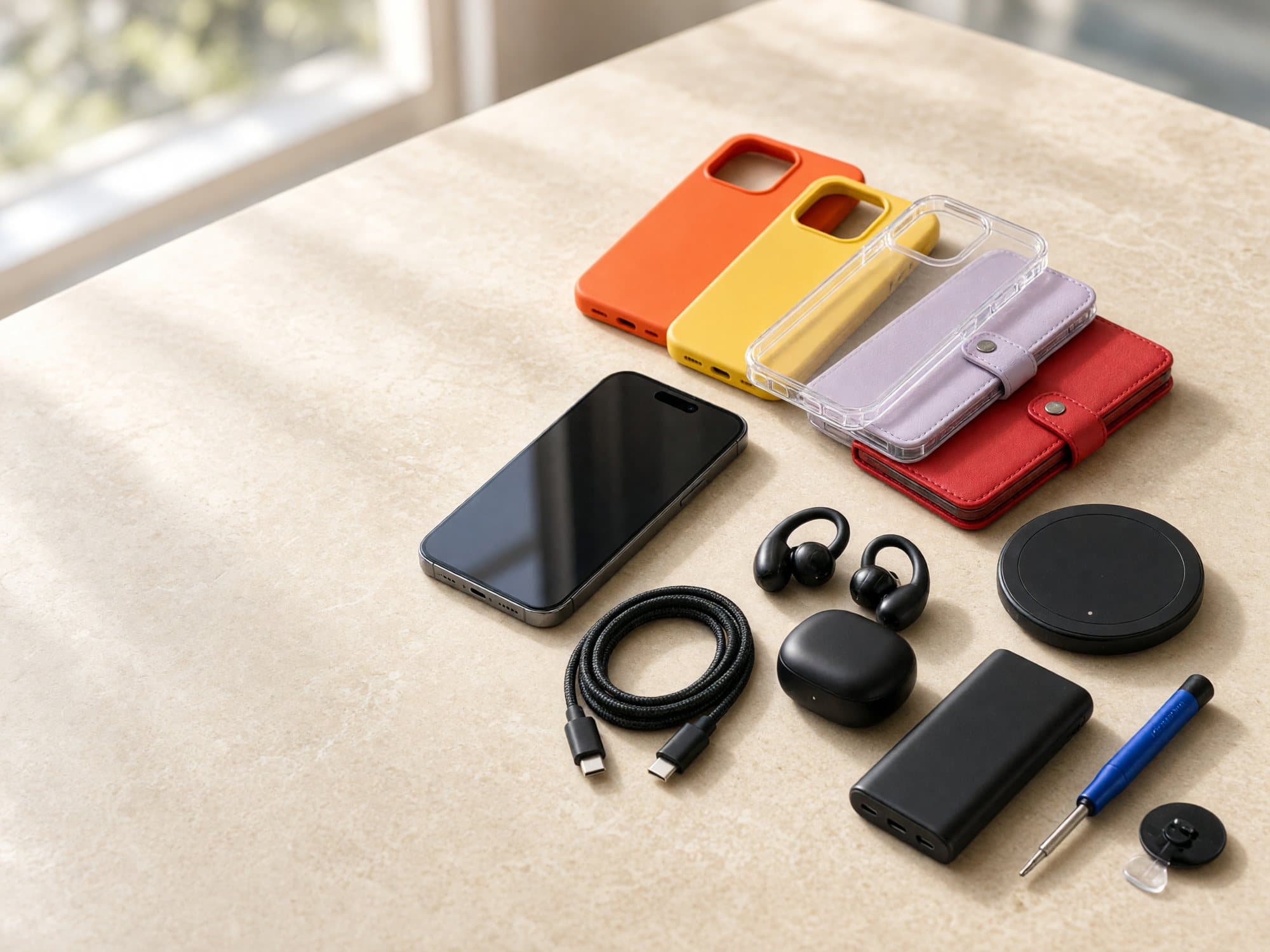 Phone cases, earbuds, chargers and repair tools
